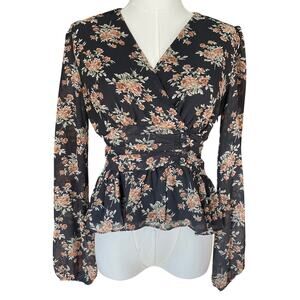 Boho Faux Wrap Blouse Floral Sheer Peplum Fairycorp Long Sleeve Size Small